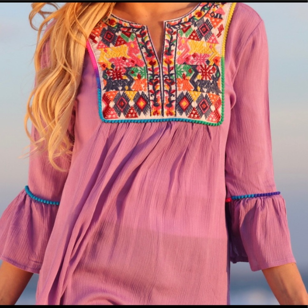 Purple Semi-Sheer Bell-Sleeve Tunic